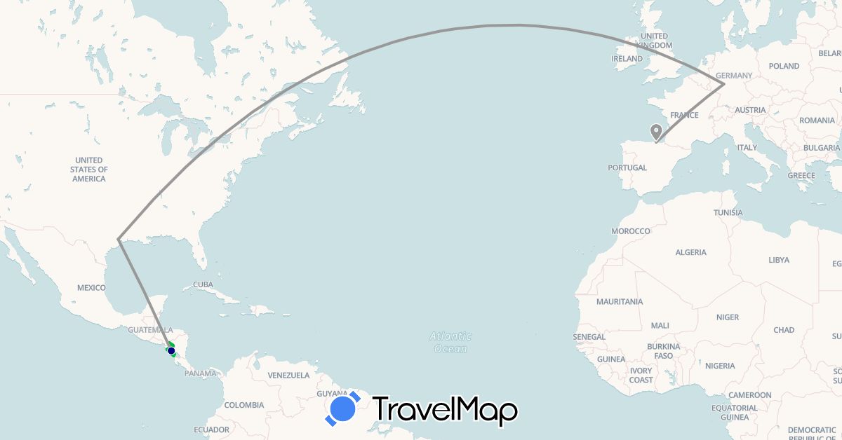 TravelMap itinerary: driving, bus, plane, boat in Germany, Spain, Nicaragua, United States (Europe, North America)